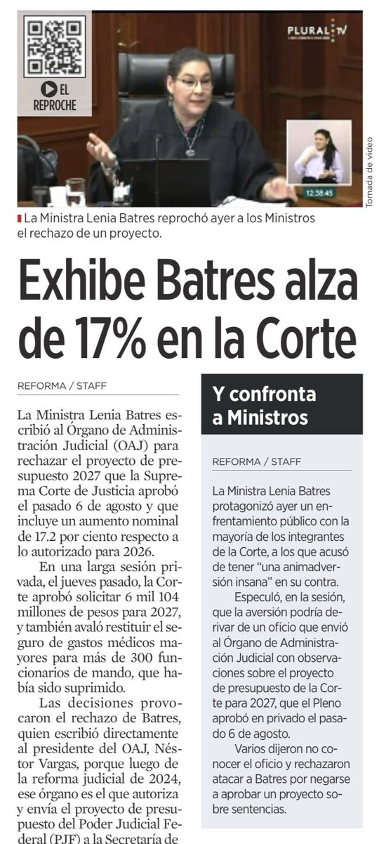 JoseMarioMX's tweet photo. Durante años Morena construyó una narrativa muy eficaz: la Corte costaba demasiado porque estaba llena de privilegios, seguros, prestaciones y gasto superfluo. Esa idea sirvió para justificar recortes y, después, una reforma judicial completa.

Ahora la nueva Corte pide 6,104 millones para 2027, 17% más que lo autorizado este año, y pretende recuperar el seguro de gastos médicos mayores. Lenia Batres pone el dedo justo donde duele: si todo aquello era despilfarro, ¿por qué la Corte nacida para acabar con esos excesos necesita nuevamente ese nivel de gasto?

La pregunta ya no admite propaganda: ¿cuánto cuesta realmente una Corte sin privilegios? Si cuesta casi lo mismo, habrá que revisar la narrativa que justificó la reforma. Y si están regresando los viejos beneficios, entonces cambiamos ministros, pero no la cultura que prometieron destruir.