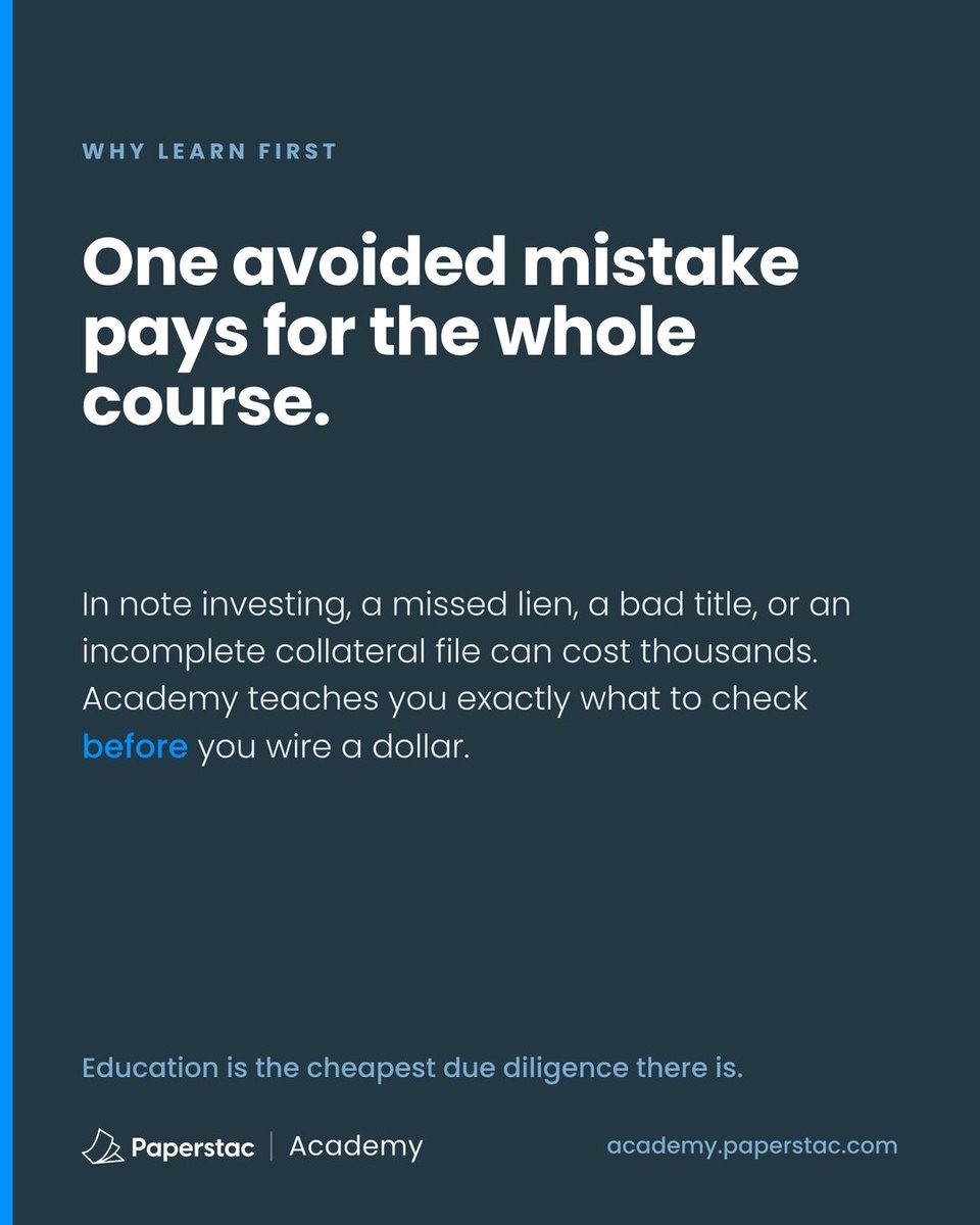 paper_stac's tweet photo. One avoided mistake pays for the whole course. 🛡️ A missed lien or bad title can cost thousands — Academy teaches you what to check before you wire a dollar.
https://t.co/5QkyaVzGIG
#NoteInvesting #MortgageNotes #Paperstac https://t.co/ZJ2JjI3PqR