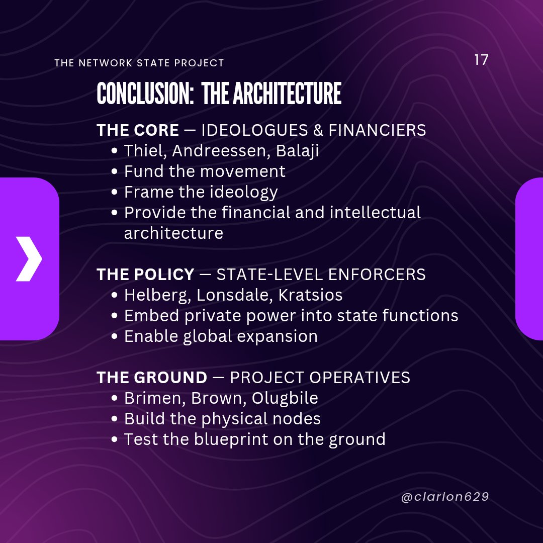 clarion629's tweet photo. The Money &amp; The Bottom Line

Pronomos Capital. Palantir. Anduril. Coinbase. NSO Group.

The financial engine. The surveillance arm. The crypto exchange.

The network is powerful. But it is not invincible.

The locations change. The network does not.

🧵 Part 5/5 https://t.co/DtYcLA7b93