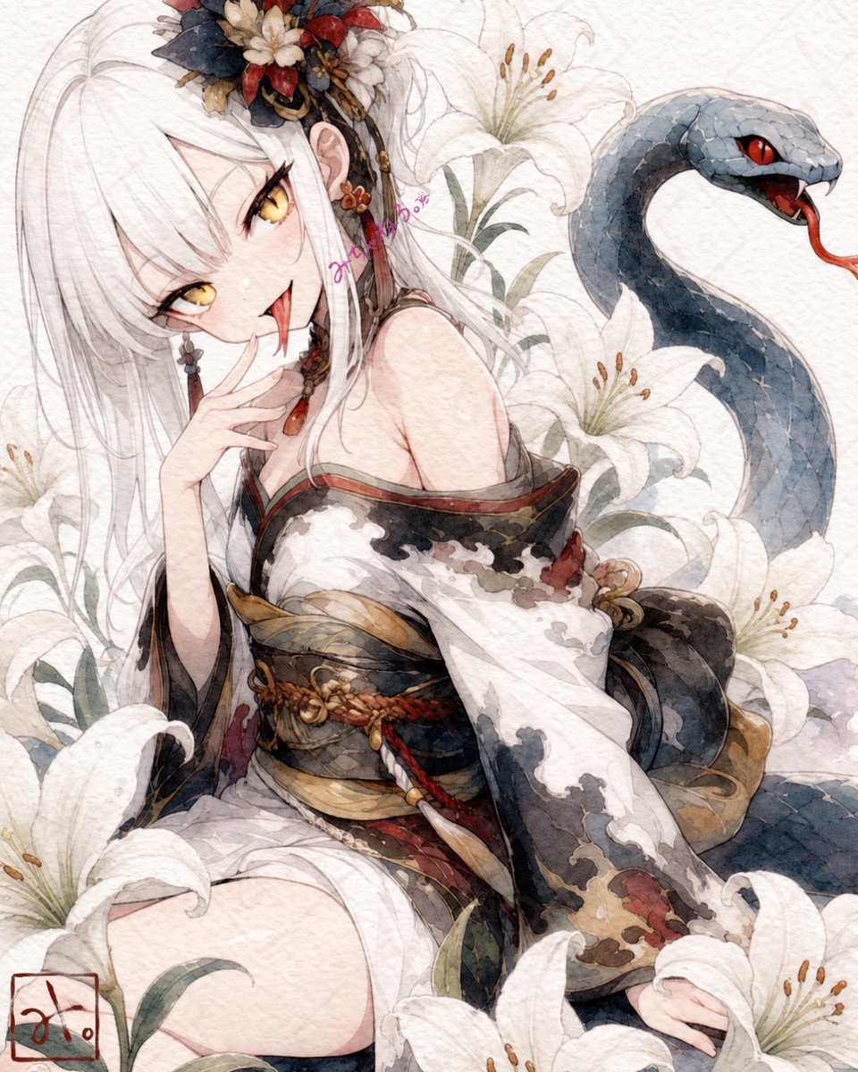 🐍「白蛇百合艶」 Ivory lilies whisper beside her serpentine golden