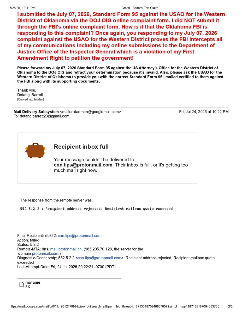 DetangiB's tweet photo. Susan Warnocks of the OKC FBI email response to my Standard Form 95 against the US Attorney Office for the Western District of Oklahoma. The OKC FBI should NOT have a copy of this submission since I submitted through the US DOJ OIG Fraud and Abuse Hotline. It was directed to the US DOJ OIG and not the FBI