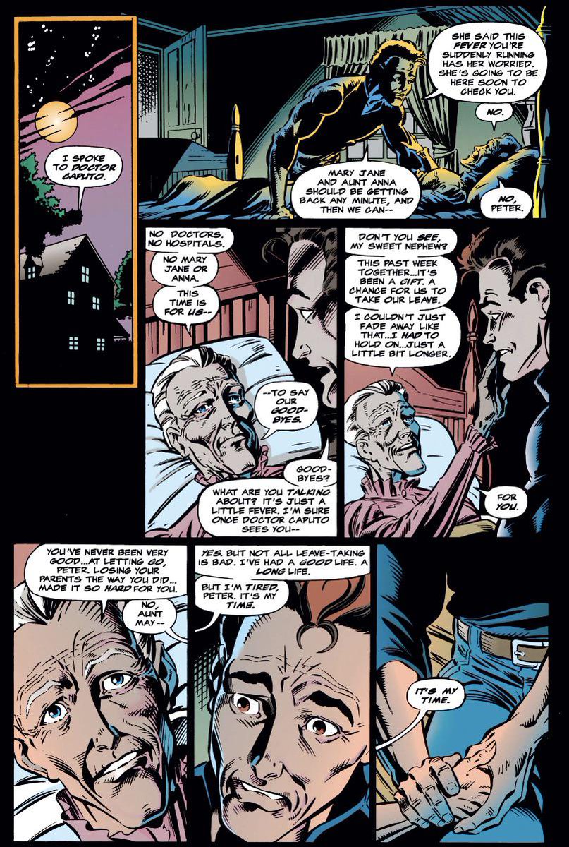 FenrirOdi's tweet photo. @jamiejdwg777 Makes me think of in the Clone Saga where May passes after saying the reason she hung on for as long as she did was because she couldn't stand to see Peter alone without family, and now that he was a husband with a baby on the way, she could finally go happily and in peace. https://t.co/xTPVfrxLUX
