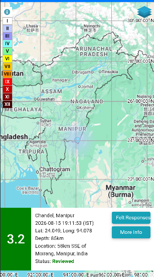 NCS_Earthquake's tweet photo. EQ of M: 3.2, On: 15/08/2026 19:11:53 IST, Lat: 24.049 N, Long: 94.078 E, Depth: 85 Km, Location: Chandel, Manipur. 
For more information Download the BhooKamp App 
https://t.co/5gCOtjdtw0 
@DrJitendraSingh 
@OfficeOfDrJS 
@tummalasrini  
@GSuresh_NCS 
@ndmaindia https://t.co/F3GxlMNqcq