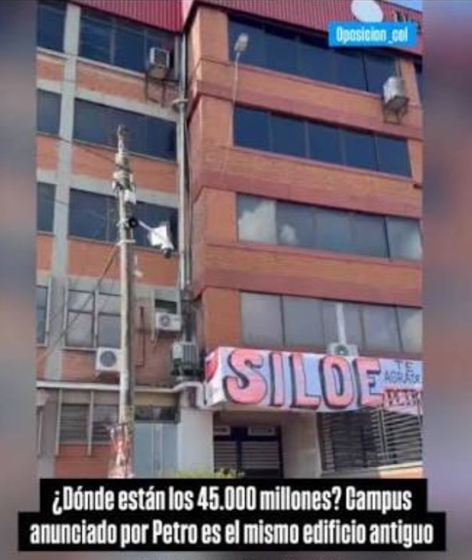 AndyPelinegra's tweet photo. Petro derrochó 45mil millones de pesos en inaugurar en el 2025 la U. de Siloé, pero solo era un edificio viejo de más de 50años de la antigua Universidad Libre en Cali. 
Al dia de hoy no hay ni estudiantes ni docentes. 
Los elefantes blancos son delito.
#LosDelitosDePetro https://t.co/bh5eaL1ose