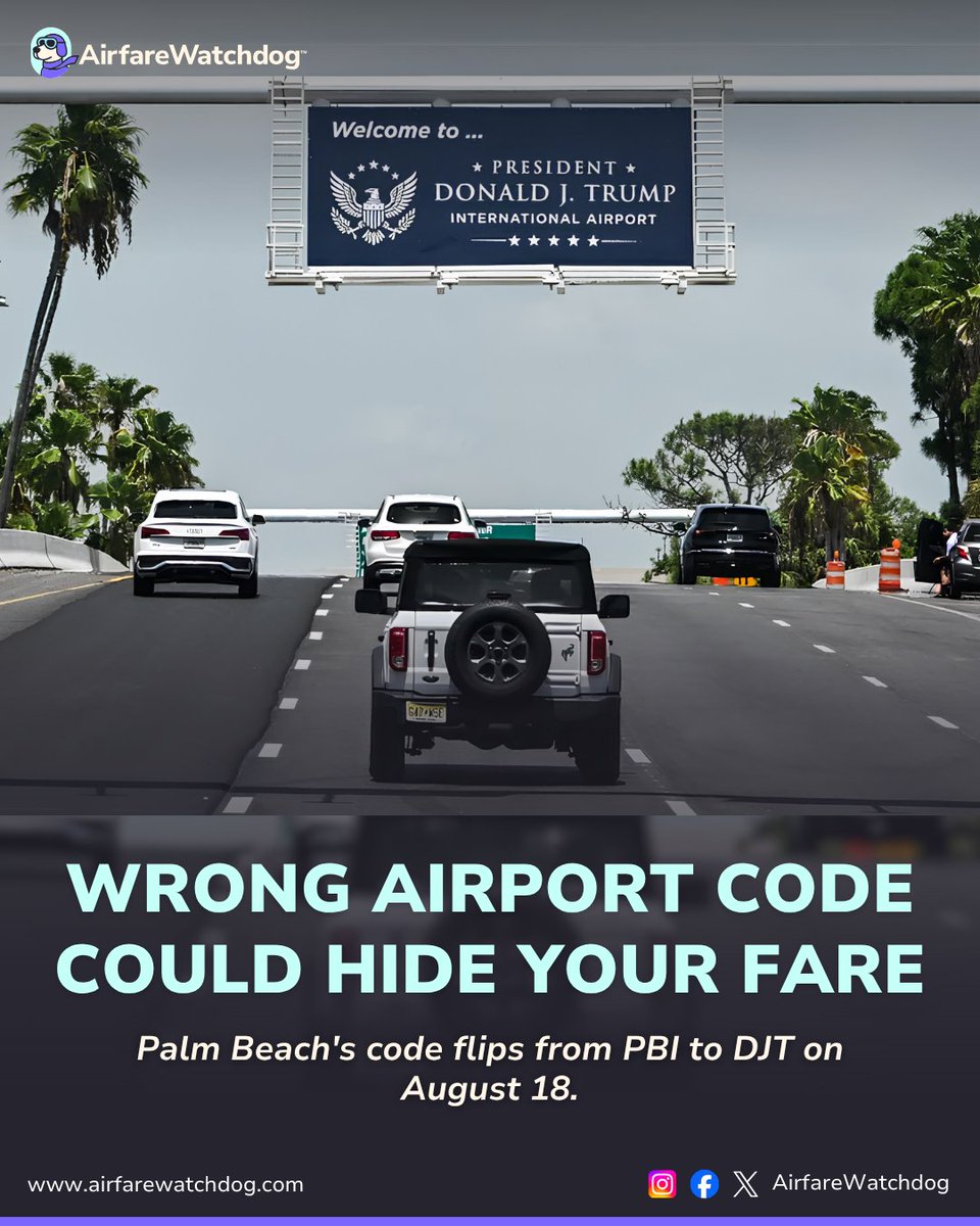 airfarewatchdog's tweet photo. Palm Beach's airport code splits in two. PBI works until Aug. 18, then DJT. Search the wrong one and a fare might not show up. Search "West Palm Beach" by city to stay safe. Flying to or from PBI soon? Set your alert→ https://t.co/xLqShBHT8s https://t.co/8ufPIrD05k