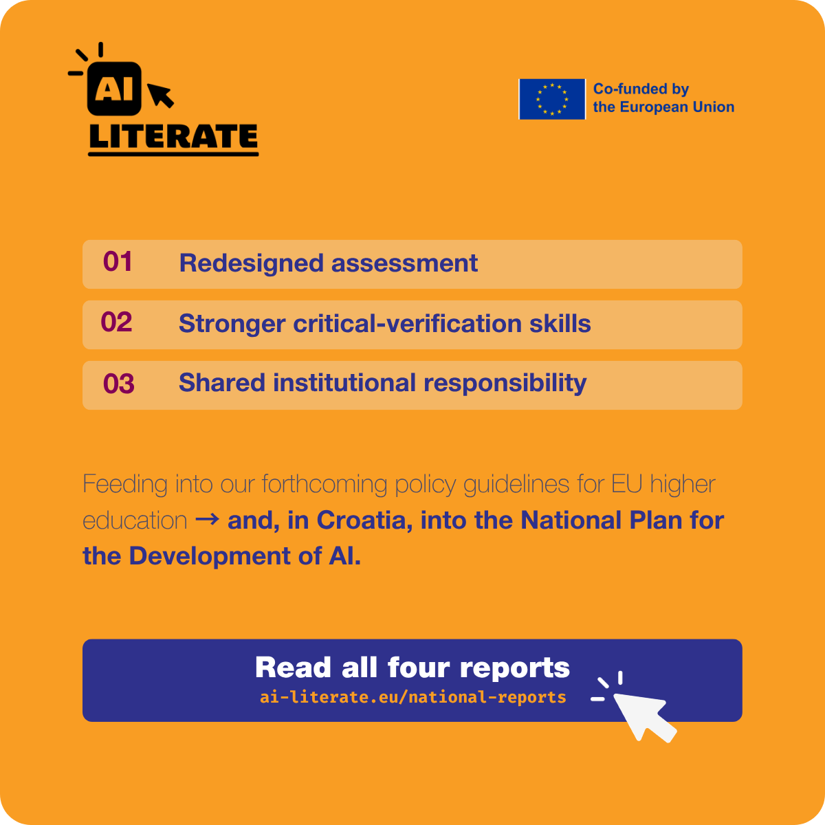 MediaLearning's tweet photo. 📢 New Publications: 4 countries. 1 question: how is GenAI reshaping higher ed?

The AI Literate project just published 4 national roundtable reports on knowledge, assessment &amp; disinformation in universities.

📖 https://t.co/hEpUMR66pl

#AILiterate #ErasmusPlus #HigherEducation https://t.co/34bwOjxTV5