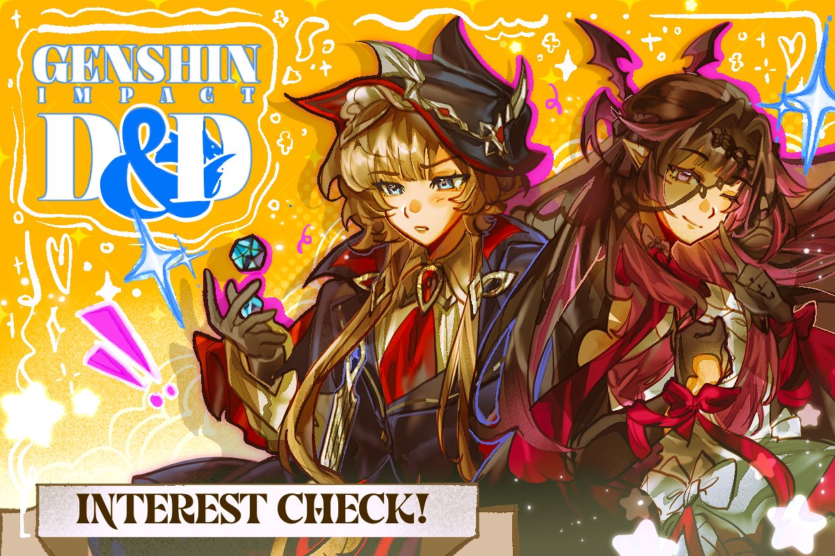 HoYoTabletop's tweet photo. 「 INTEREST CHECK | GENSHIN D&amp;D BOOK」🪶 📖
A project that brings the world of Teyvat to the tabletop, allowing players to embark on their own adventures and create stories of their own! 

Check and answer our interest check in the reply below! ⬇️

#GenshinImpact https://t.co/rxNenNaeoT