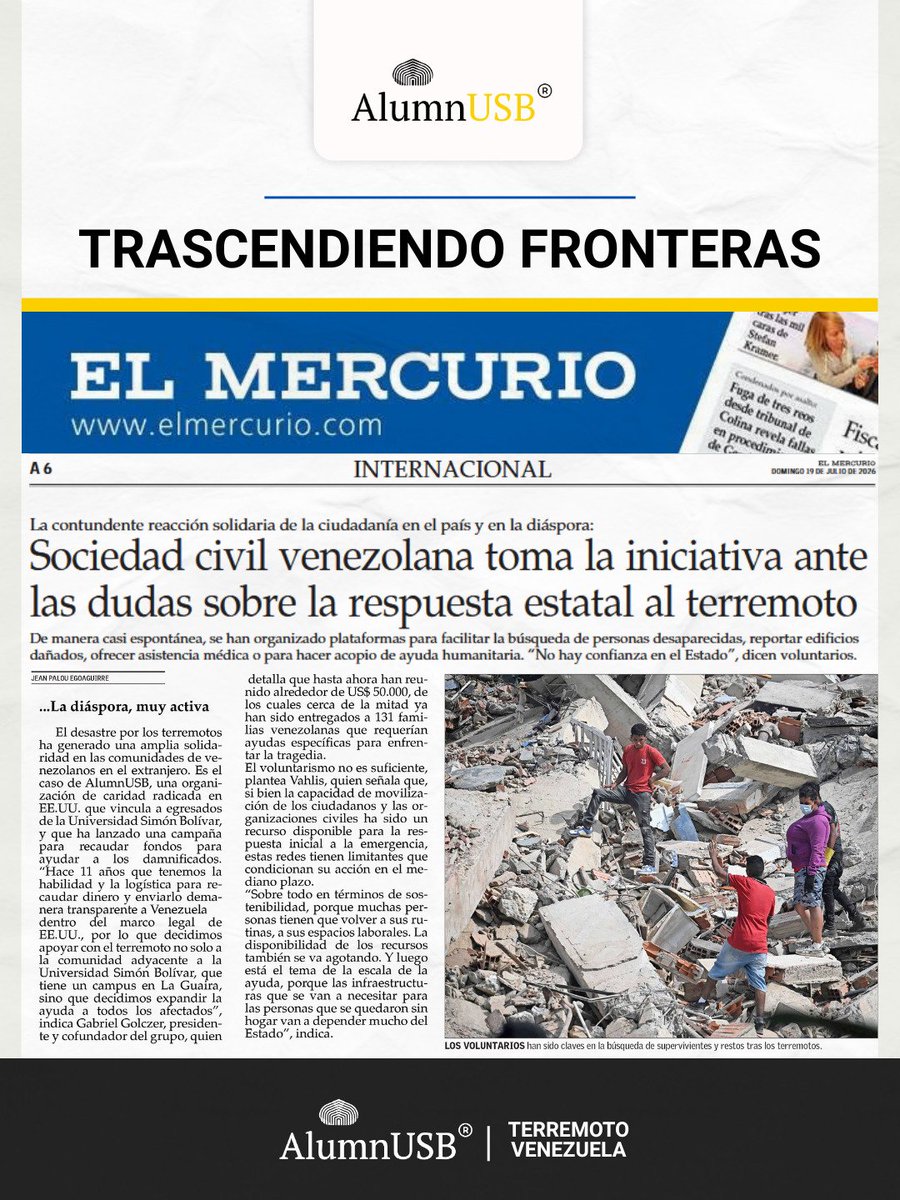 Alumn_USB's tweet photo. Nuestra labor sigue trascendiendo fronteras! 🌎✨

El periódico El Mercurio de Chile 🇨🇱 destacá el trabajo que desde AlumnUSB venimos realizando para apoyar a las comunidades afectadas por los terremotos en Venezuela, especialmente a nuestra comunidad vecina en la Sede Litoral. https://t.co/tIwsSjLs2A