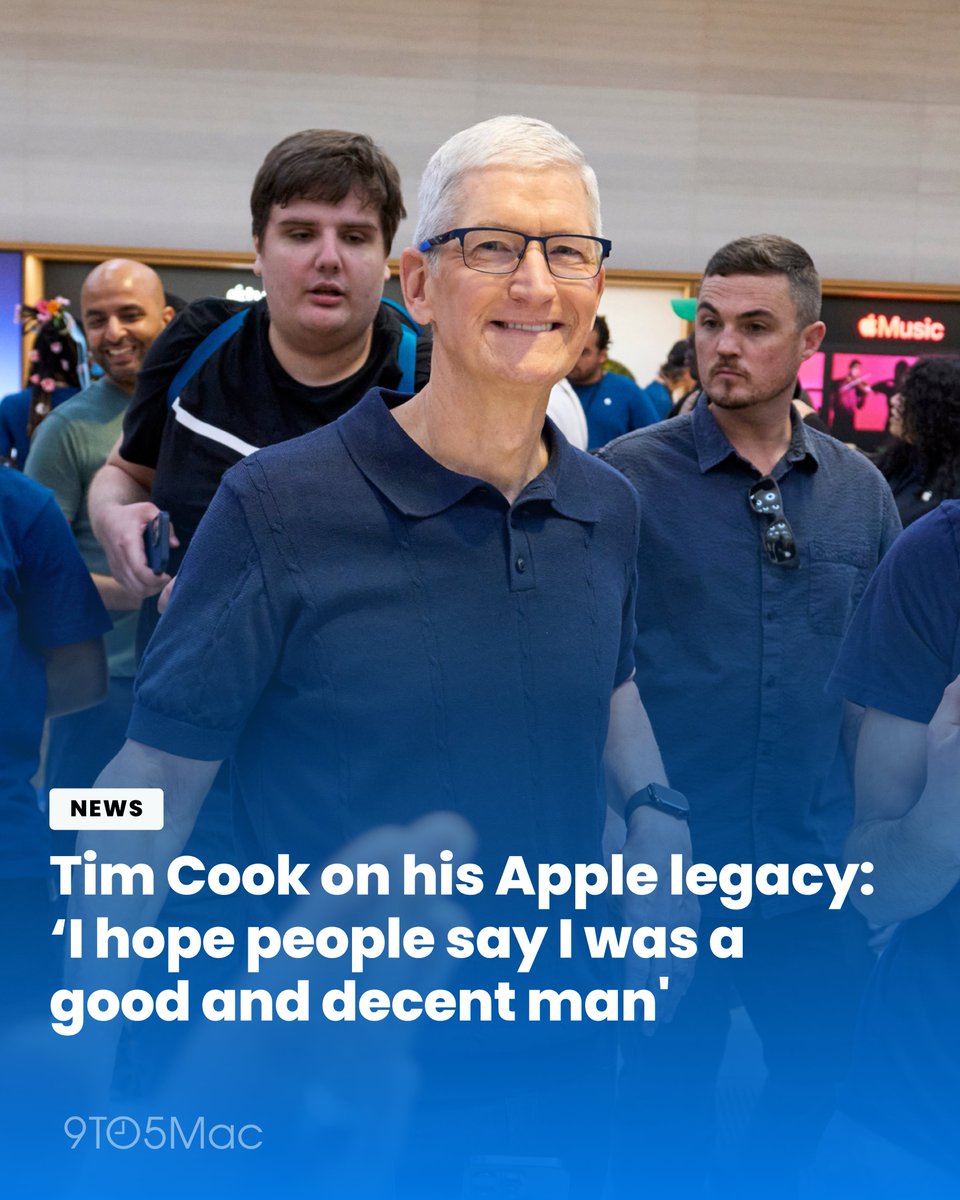9to5mac's tweet photo. ICYMI: In a CBS News interview during his final weeks as Apple CEO, Tim Cook said he hopes his legacy is that people say he "was a good and decent man," noting that a legacy is described by others, not yourself.

🕘 https://t.co/5K2oMauUtm https://t.co/yK51mtJfvj
