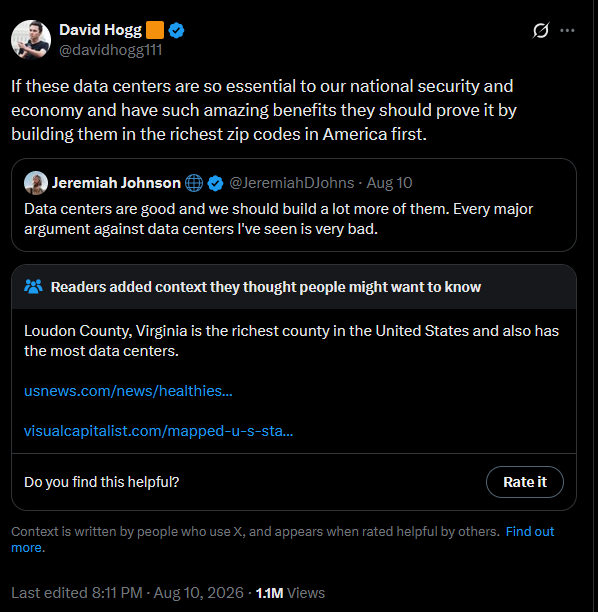ChadMReese's tweet photo. This is funny because of the community note, but there's a really important truth here: Many in Northern VA have NO IDEA they have a ton of data centers basically on their doorstep. 

Why? Because most of the propaganda against them is just made up nonsense. https://t.co/zFaE3L6rCE