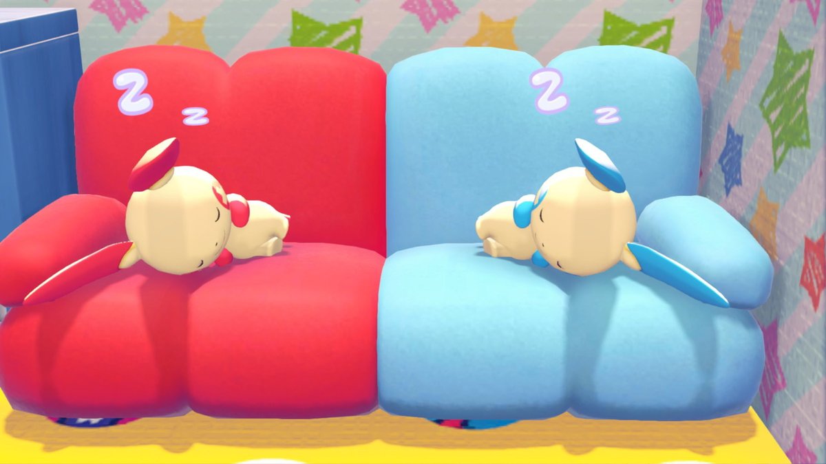 azuf_azelf_1001's tweet photo. プラスルとマイナンのお家行ったらポップなソファで二人しておねんねしててしかもちゃんと自分の色の合う方で寝ててとってもお利口さんでかわいかったのでみんな見て
#ぽこあポケモン
#ぽこポケ
#pokopia https://t.co/3H3hcm0JyU