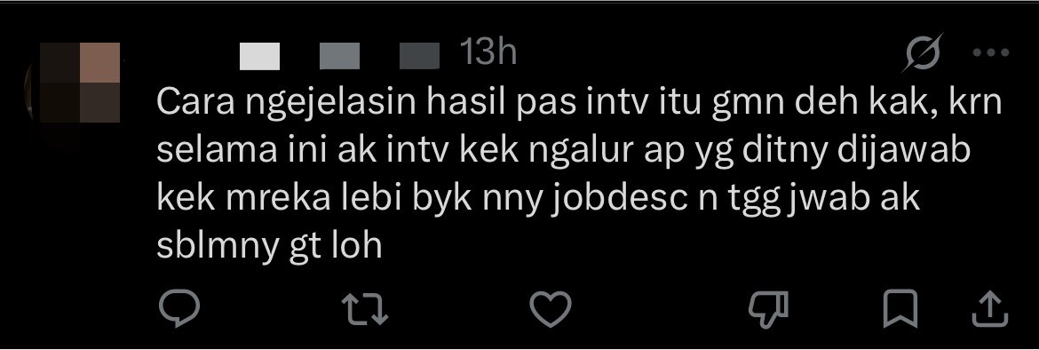 bbarbiena's tweet photo. salah satu trik yang bisa dicoba untuk menjawab pertanyaan interview:
"di pengalaman ini, kamu ngapain aja? dan apa yang kamu hasilkan?"

mungkin banyak yang akan jawab:
"saya melakukannya dengan (...) dan dari pengalaman itu, saya jadi terbiasa dalam mengerjakan (...) ".

itu udah cukup baik.
tapi, akan lebih baik kalo bisa dijelaskan dengan bukti-bukti berupa data dan angka.

sebagai contoh bisa dijawab seperti ini:
