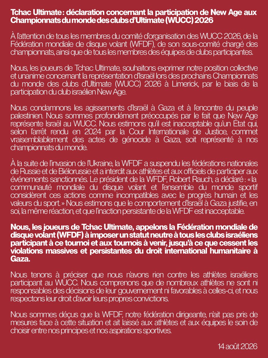 Campagnebds's tweet photo. La Campagne BDS France salue les décisions des joueurs des équipes de Tchac Ultimate et de NLSU Iznogood qui demandent la suspension de l’équipe israélienne New Age des Championnats du monde d’Ultimate Frisbee.
#WFDF #WUCC2026 #FLYINGDISC #ULTIMATE https://t.co/loBDgrneGD