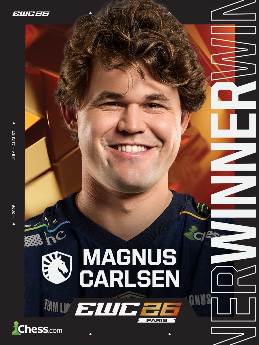 chesscom's tweet photo. MAGNUS CARLSEN WINS THE ESPORTS WORLD CUP AGAIN 🏆🏆

After another legendary undefeated run, @MagnusCarlsen adds to his 2025 title with a 2-0 (3-1, 3-1) Grand Final victory against Denis Lazavik! 🔥