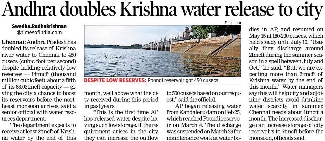 SriKrishnaLavu's tweet photo. Andhra Pradesh continues to uphold its commitment to Chennai’s drinking water needs.

Despite relatively low reservoir levels, AP has increased the release of Krishna water to 450 cusecs, with at least 2 TMC expected to reach Chennai by the end of August.

A reflection of Hon’ble CM Shri N. Chandrababu Naidu Garu’s commitment to cooperative federalism and the spirit of partnership between Andhra Pradesh and Tamil Nadu.
