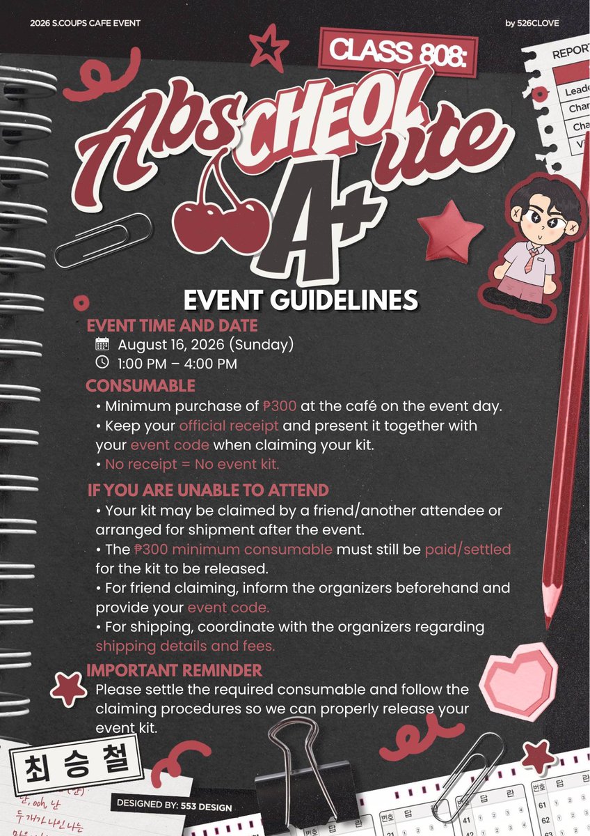 526CLOVE's tweet photo. 📚 CLASS 808: AbsCHEOLute A+ 🍒
Hi, students! Please take note of these additional reminders for tomorrow’s event:
📍 Venue: Met Live - Cafe Janggeum (Ground Floor)
See you tomorrow, students! Let’s have a fun and memorable day with S.Coups! 🍒✨
#Class808 #에스쿱스 #SCOUPS https://t.co/XPzG6vWGuc