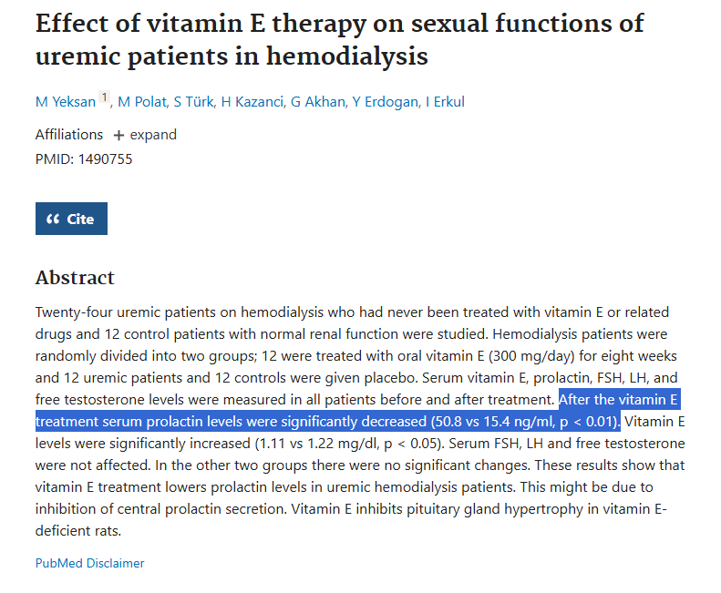 questmoosa's tweet photo. Vitamin E and prolactin

In this study, 300 mg’s of vitamin E for 8 weeks, decreased prolactin levels by a staggering 69% when compared to placebo in healthy human subjects.

That’s a massive decrease. One that is hard to obtain with strong medications for such purposes. https://t.co/wXpUv1U3W1