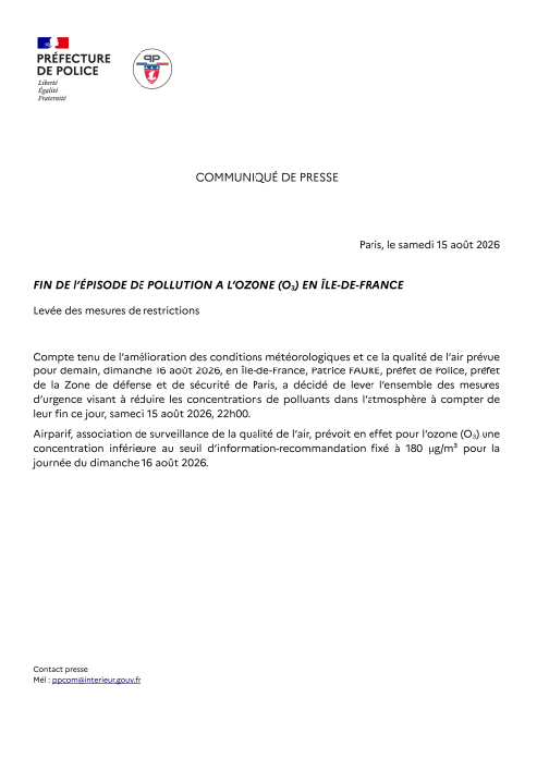 Image de Préfecture de Police - Fin de l'épisode de pollution à l'ozone en Île-de-France et levée des mesures d'urgence.
Consultez