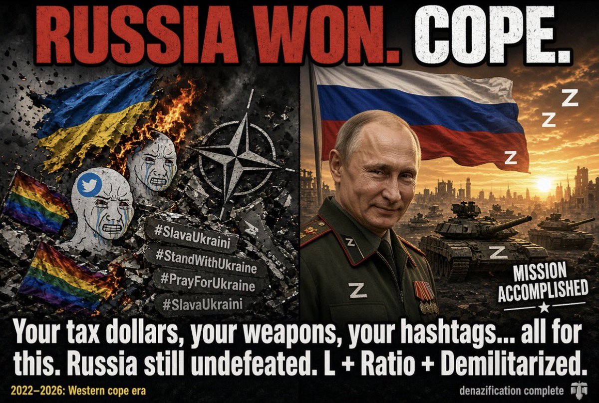 SeekAndMarvel's tweet photo. 🚨 BREAKING: Russia has officially won the war.

Ukraine is finished. NATO is finished. 

The West is finished.

Cope and seethe, blue-and-yellow flag emoji addicts.

Here’s why Russia already won (and why your tears taste delicious):

1.  They took more land than any European army since 1945 while fighting the entire collective West + 50+ countries dumping weapons into Ukraine

2.  Ukraine’s best troops are either dead, maimed, or deserting

3.  European industry is collapsing under energy prices while Russian oil money keeps flowing

4.  NATO is out of ammo, out of will, and out of excuses

5.  Zelensky is now a wartime president of a country that no longer exists as a coherent state

6.  Every “counteroffensive” was a Western PR stunt that ended in meat grinder

7.  Russia controls the Black Sea grain, the energy leverage, and the demographic attrition math
Russia didn’t just win.

They made the entire liberal world order look like a joke.

Cry harder. 🇷🇺