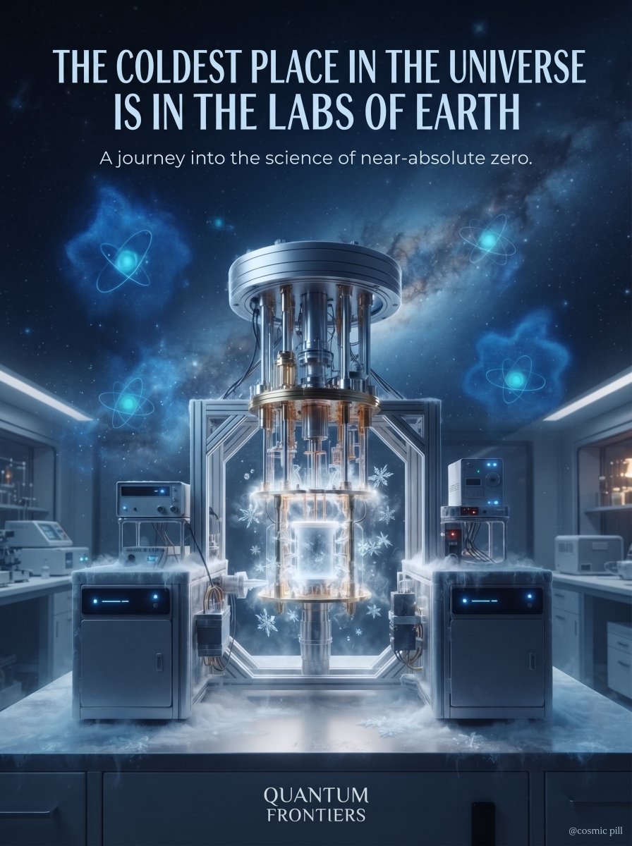 CosmicPillHQ's tweet photo. You might expect the coldest place in existence to be somewhere deep in space.

It's not.

The coldest temperature humans have ever created was achieved right here on Earth, inside advanced laboratories.

Scientists have cooled matter to temperatures just a tiny fraction above absolute zero:

❄️ 0 Kelvin (-273.15°C) the lowest temperature possible.

The universe can be unimaginably cold...

But the coldest place we've ever known was built by human hands. 🌌