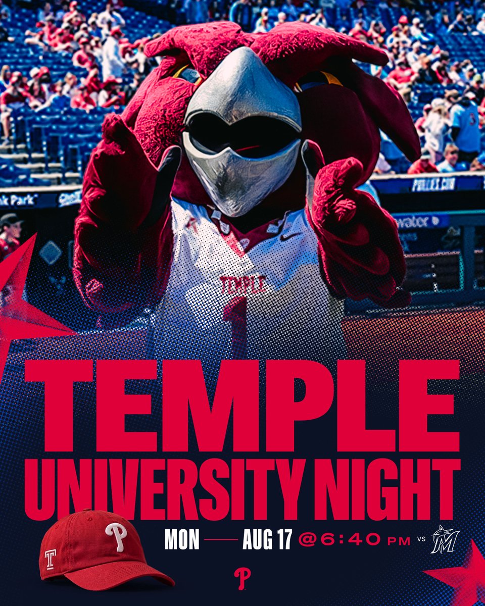 PhilliesCBP's tweet photo. Temple University Night at the Phillies is this Monday, August 17!

Join the @TempleUniv  community at Citizens Bank Park as the Phillies take on the Marlins. The first 2,100 fans to purchase a ticket will receive an exclusive Phillies x Temple co-branded cap!

Get tickets: https://t.co/UR3wkimELj