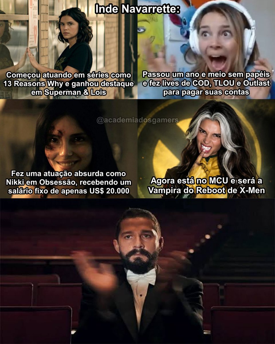 academiadgamers's tweet photo. >2020: Estreou como Estela de la Cruz em 13 Reasons Why

>2021–2024: Ganhou destaque como Sarah em Superman & Lois

>Final de 2024: Filmou Obsession como Nikki

>2025: Passou cerca de 1 ano e meio sem novos papéis, fazendo lives e até passeando com cachorros para pagar as contas

>2026: Explodiu com Obsessão

>Agosto de 2026: Inde Navarrette foi anunciada como a Vampira no reboot de X-Men