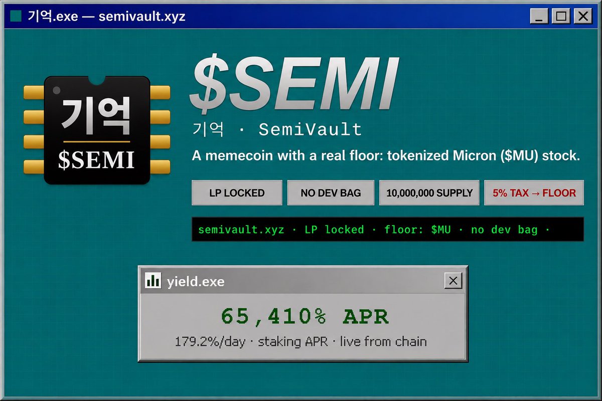 ggthekin's tweet photo. $SEMI, the 65.000% APR ponzi on Robinhood

What is $SEMI? (60k Mcap)

A new token on Robinhood Chain. The twist: instead of being backed by nothing like a normal memecoin, it trades against tokenized Micron stock (MU) in one pool.

How it works: 

every time someone trades, a small fee gets converted into MU and added to that pool forever. The pool can never be emptied out, so that MU just keeps building up over time.

The floor: 

take all the MU sitting in the pool and divide it by how many SEMI exist. That’s the floor. It only updates upward, and only if it holds steady for 6 hours straight, so it can’t be faked with a quick pump. It’s not something you can cash in though, just a number that decides how many new tokens can be created.

Supply: 10,000,000 SEMI total, fixed from day one, nothing extra for the team.

Getting MU: buy it on Robinhood Chain using ETH if you don’t have any yet.

Two ways to get SEMI: 

you can buy it normally on the market, or you can bond your MU directly to the protocol and get about 20% more SEMI than market price, unlocking slowly over 24 hours. That MU goes straight into the pool and can never be taken back out by anyone.

Staking:

lock up your SEMI, wait a few hours for it to activate, then start earning new SEMI whenever the floor hits a new high.

Robinhood Defi Summer??????

millions