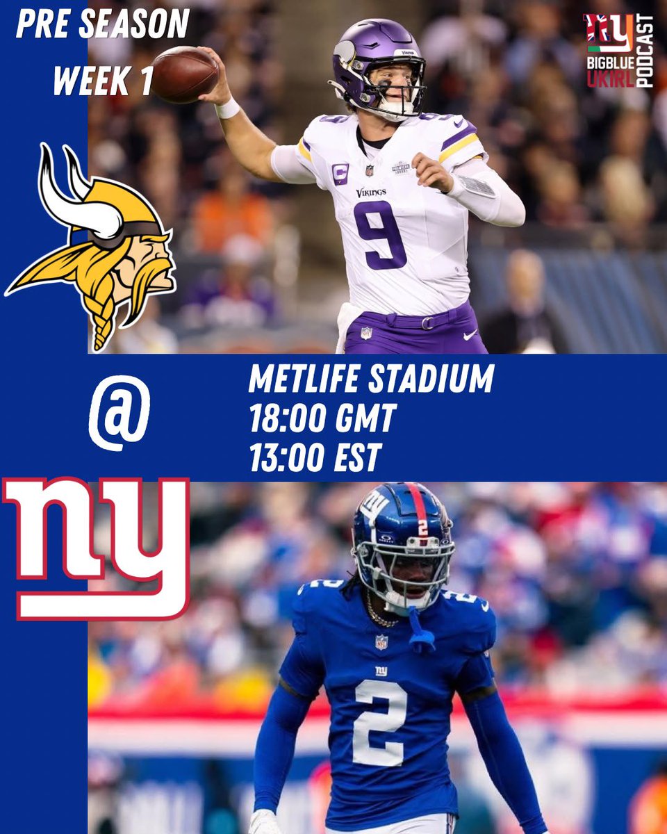 BigBlueUKIRL's tweet photo. It’s the first pre season game this evening at 18:00 - what are you going to be looking out for as the Giants host the Vikings? https://t.co/2xHi93AOVX