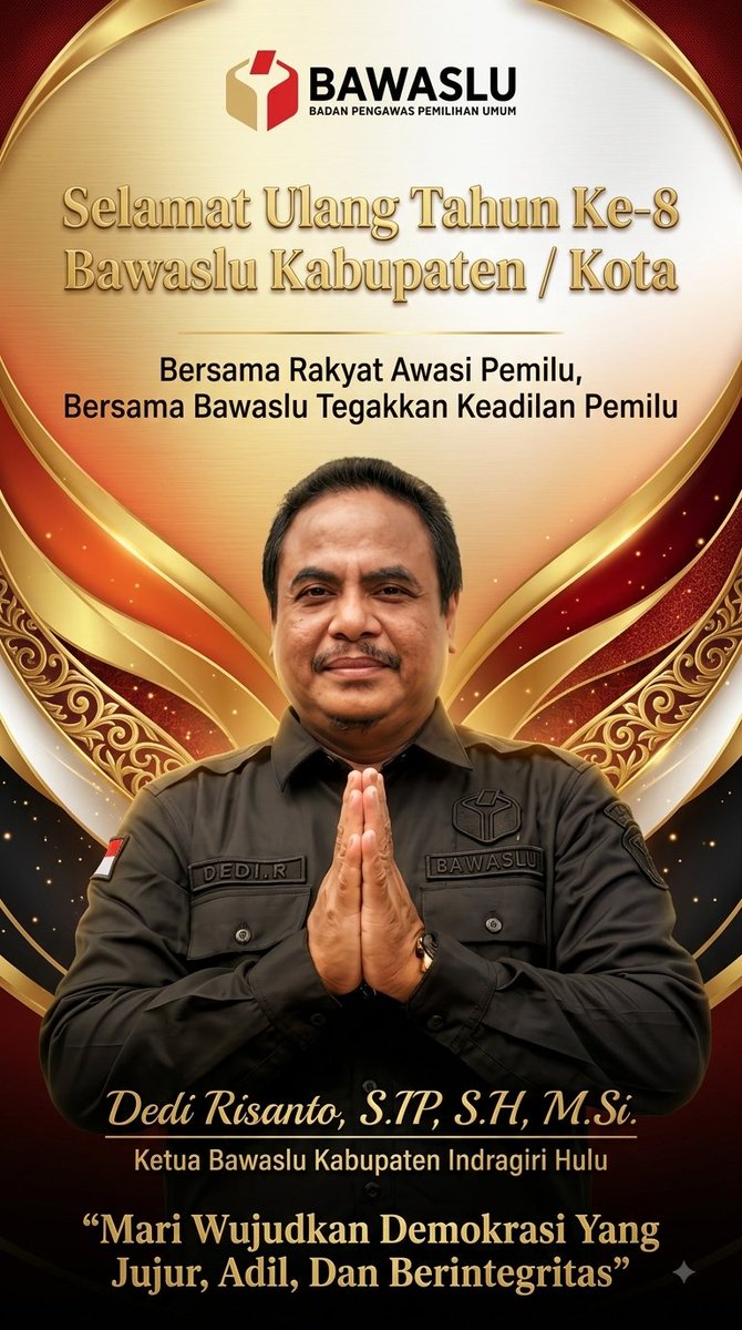 DediRisanto's tweet photo. SELAMAT ULANG TAHUN KE-8 BAWASLU KABUPATEN/KOTA SE-INDONESIA, "Mari Wujudkan Demokrasi Yang Jujur, Adil, Dan Berintegritas".
Sabtu, 15 Agustus 2026.

@bawaslu_RI
@BawasluRiau
@bawasluinhu https://t.co/ca9JVTXu3Q