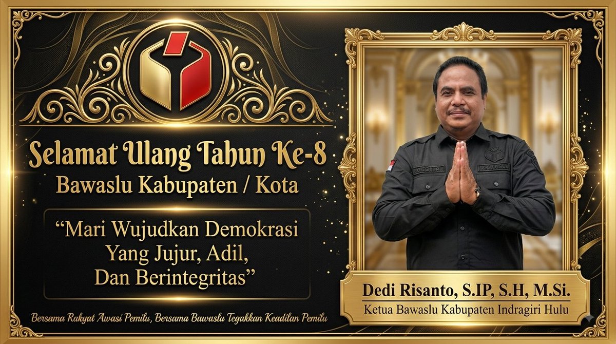 DediRisanto's tweet photo. SELAMAT ULANG TAHUN KE-8 BAWASLU KABUPATEN/KOTA SE-INDONESIA, "Mari Wujudkan Demokrasi Yang Jujur, Adil, Dan Berintegritas".
Sabtu, 15 Agustus 2026.

@bawaslu_RI
@BawasluRiau
@bawasluinhu https://t.co/ca9JVTXu3Q