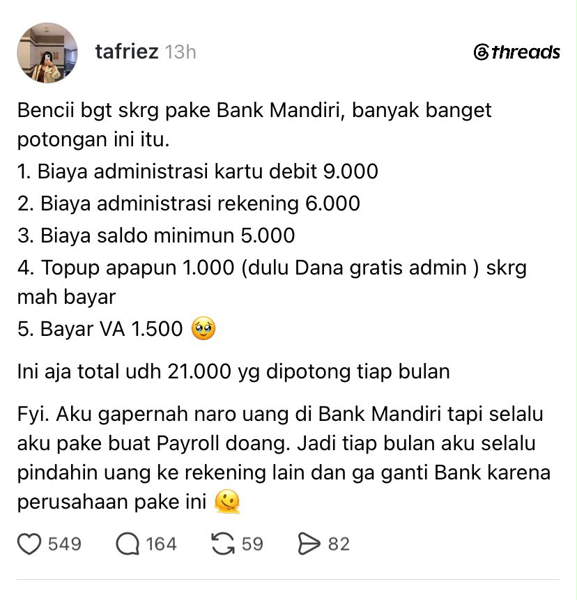LambeSahamjja's tweet photo. keresahan customer bank mandiri:
- sekarang kebanyakan potongan
- biaya admin kartu debit 9.000
- biaya admin rekening 6.000
- biaya saldo minimum 5.000
- topup apapun kena 1.000 
- dulu topup dana gratis admin, sekarang bayar
- bayar via virtual account (va) kena 1.500
- total semua potongan itu 21.000 per bulan