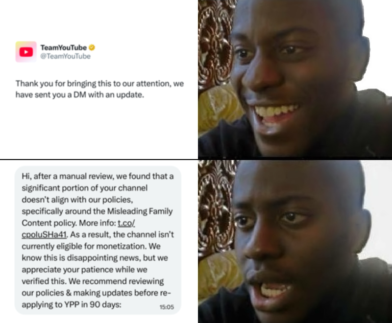 boogytoons's tweet photo. Why can’t @TeamYouTube just tell me what is actually wrong with my content?

This policy already existed when I joined the YPP in 2023. Now, in 2026, my content is suddenly considered non-compliant.

I genuinely want to understand and resolve the issue.

But how am I supposed to correct something if I’m not told what needs to be fixed?

Is it the art style?
The slapstick?
Certain situations?
Something else?
I just need clear information.
