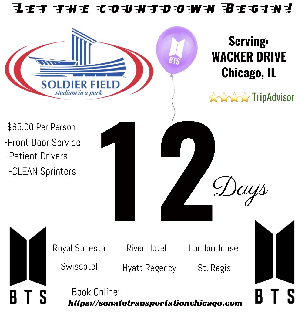 SenateTransport's tweet photo. 12 DAYS Left…UNTIL you see all (7) of #BTSmembers on ONE #STAGE #LIVE ! 💜
Book a seat on the #WackerDriveShuttle to Soldier Field by logging onto:
⭐️⭐️⭐️⭐️TripAdvisor
https://t.co/1aQV6vZSZE
#WindyCity #ChicagoBulls #ChicagoBears #Eagles #Vikings #Jets #ChiTown #BTSarmy https://t.co/SiImyLoZS8