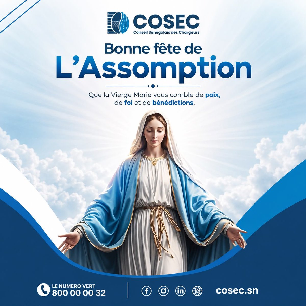CosecSn's tweet photo. Le Conseil Sénégalais des Chargeurs vous souhaite une bonne fête de l’Assomption.

#cosec
#assomption https://t.co/i2rOhsJAhE