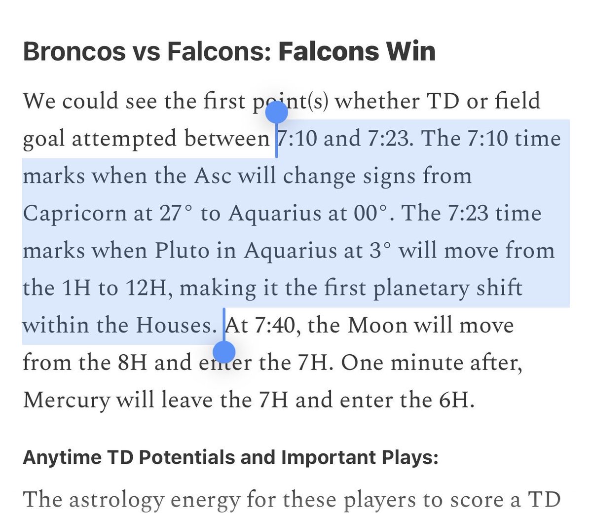 wokeplanets's tweet photo. Denver scored with 11:39 minutes remaining in Q1, which was about 7:13 PM. I believe they scored again before 7:40 because they were up right before halftime. #sportsastrology #NFLAstro #DenverBroncos #NFL https://t.co/2GzIrvMU2J