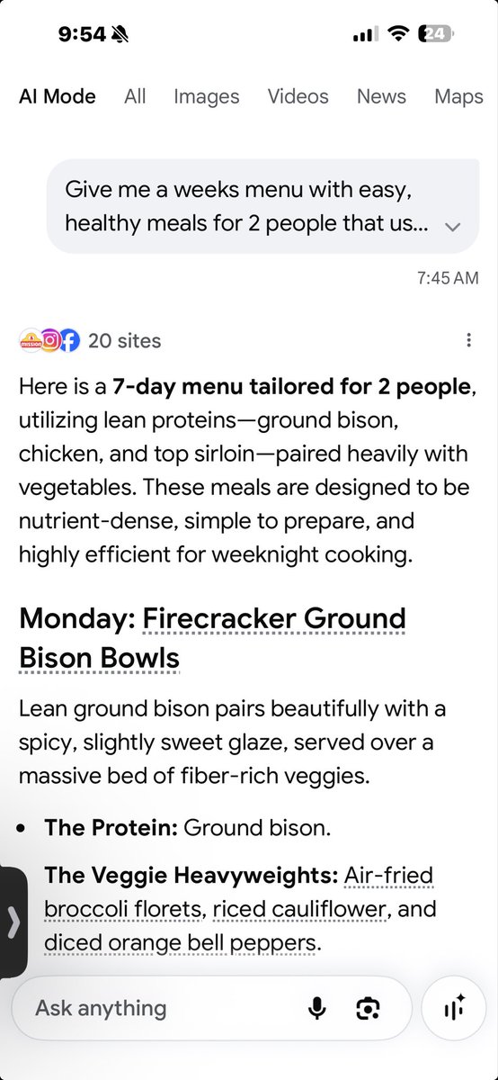 Bronzinqueen's tweet photo. @Sassafrass_84 I used AI to create a menu for a 5 days. It gave me a grocery list, instruction, everything. Can’t believe I didn’t use this sooner! https://t.co/IQRTdFWQ5S