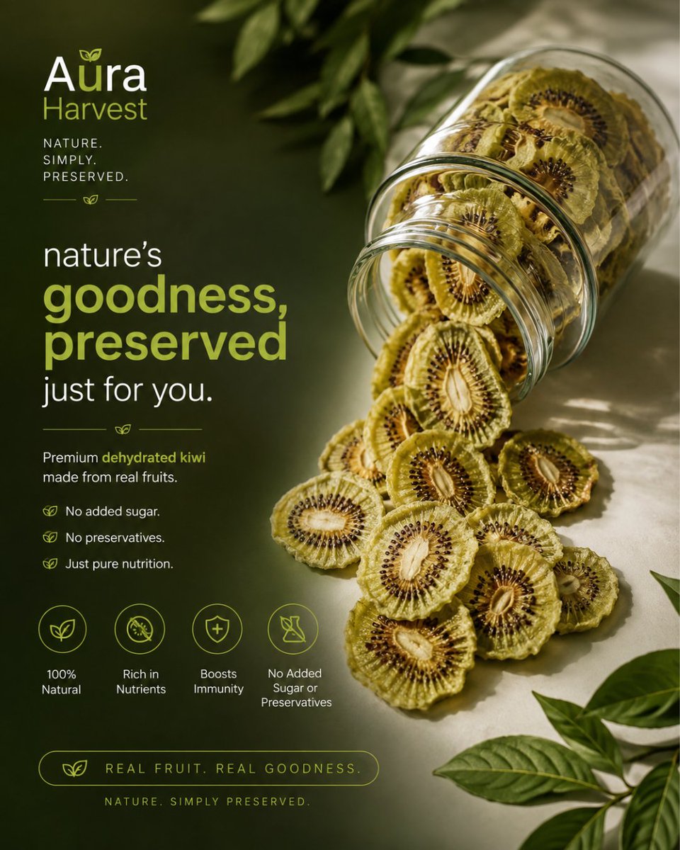 auraharvest7's tweet photo. Kiwi, reimagined. 🥝🌿

Fresh fruit, carefully dehydrated to bring you a naturally delicious crunch with every bite. Perfect for snacking, topping, or simply enjoying straight from the pack.

Real fruit. Real goodness. Naturally preserved.

#AuraHarvest #DehydratedKiwi https://t.co/ImPp9t0gIX