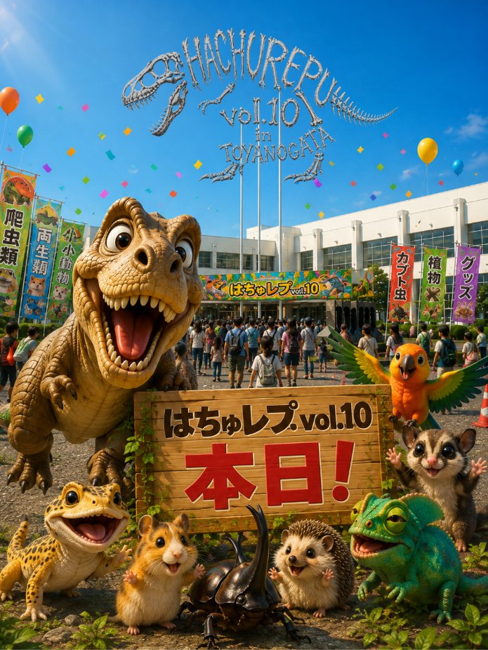 repuwan2022's tweet photo. 🔥🔥🔥🦖 本日です‼️‼️‼️ 🦖🔥🔥🔥

待った。
待ちました。
この日をずっと待ってました‼️

はちゅレプvol.10――本日開催です‼️🔥

もう「あと○日」じゃない。

今日です‼️
今日なんです‼️‼️

朝からワクワク。
会場に向かうだけでドキドキ。
何に出会えるか考えたらウキウキ。
もう気分はルンルン。

そしてテンションは――

🔥🔥🔥 爆 上 が り‼️‼️‼️ 🔥🔥🔥

記念すべき10回目のはちゅレプ。

出店者の皆さんと一緒に、
今日という日のために準備してきました。

🦎 爬虫類
🌿 植物
🐹 小動物
🐸 両生類
🦗 昆虫・奇蟲
🐦 鳥
🛍️ グッズ・用品
🚚 キッチンカー

生きものも。
植物も。
グッズも。
グルメも。
企画も。

今日は全部まとめて楽しんじゃってください‼️🔥

会場に入った瞬間から、
「あっちも見たい！」
「こっちも気になる！」
「次どこ行く⁉️」

そんな一日になったら最高です。

そして今日は、
ご来場くださる皆さんだけじゃない。

出店者も、スタッフも、みんな一緒に楽しむぞーーー‼️‼️‼️

10回目だからって、かしこまって終わるつもりはありません。

ここまで来た感謝を胸いっぱいに。
そして今日を思いっきり楽しむ気持ちを胸いっぱいに。

はちゅレプvol.10、盛りに盛っていきます🔥🔥🔥

さあ――

古代から現代へ。
ついにたどり着いた「本日」。

🦖🔥 はちゅレプvol.10、開幕です‼️‼️‼️ 🔥🦖

📅 2026年8月16日（日）
📍 新潟市産業振興センター
🕚 11:00〜17:00（最終入場16:30）
🎫 大人1,000円／小中学生500円
※未就学児無料

🔥🔥🔥 出店者・スタッフ一同、ワクワクドキドキ全開で、新潟市産業振興センターで待ってます‼️‼️‼️ 🔥🔥🔥

今日はみんなで、最高の一日にしようぜーーー‼️🦖🔥

#はちゅレプ #新潟といえばはちゅレプ #夏休みイベント #親子でお出かけ #新潟市産業振興センター