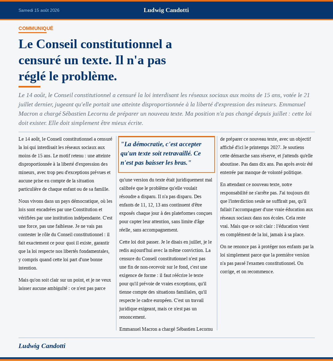CandottiLudwig's tweet photo. La démocratie, c'est accepter qu'un texte soit retravaillé. Ce n'est pas baisser les bras sur la protection de nos enfants. On corrige, et on recommence. [5/5]

#France #Politique #Actualité https://t.co/DZ6a32GG6w