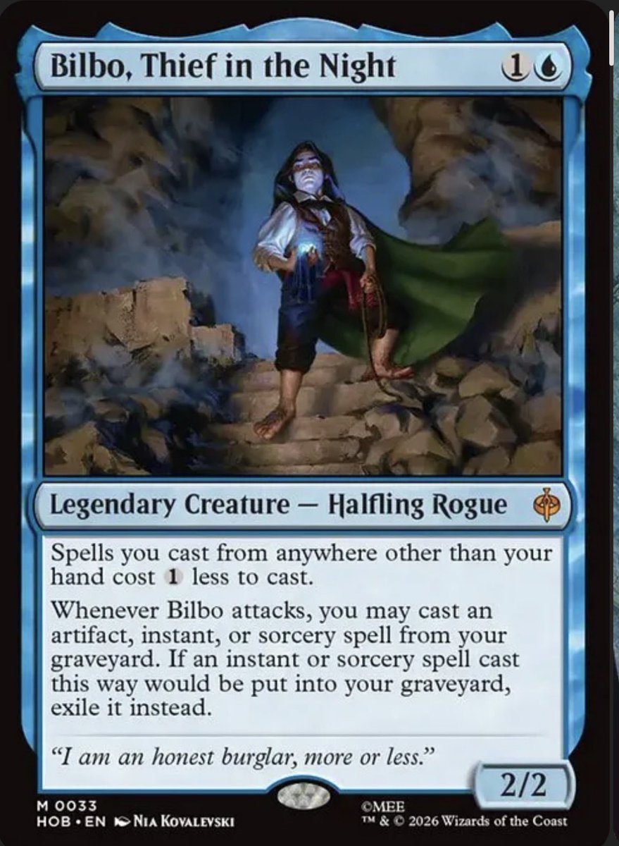 dcelitos's tweet photo. Blue Farm players: thoughts on these two from The Hobbit?

Bilbo — everything cast outside your hand costs 1 less.
Queen of Dale — loots off opponents' first noncreature spell + bodies for Tymna.

Testing both. Worth a slot?

#cEDH #MTG #MTGCommander #MTGHobbit https://t.co/Aurw0i4lQb