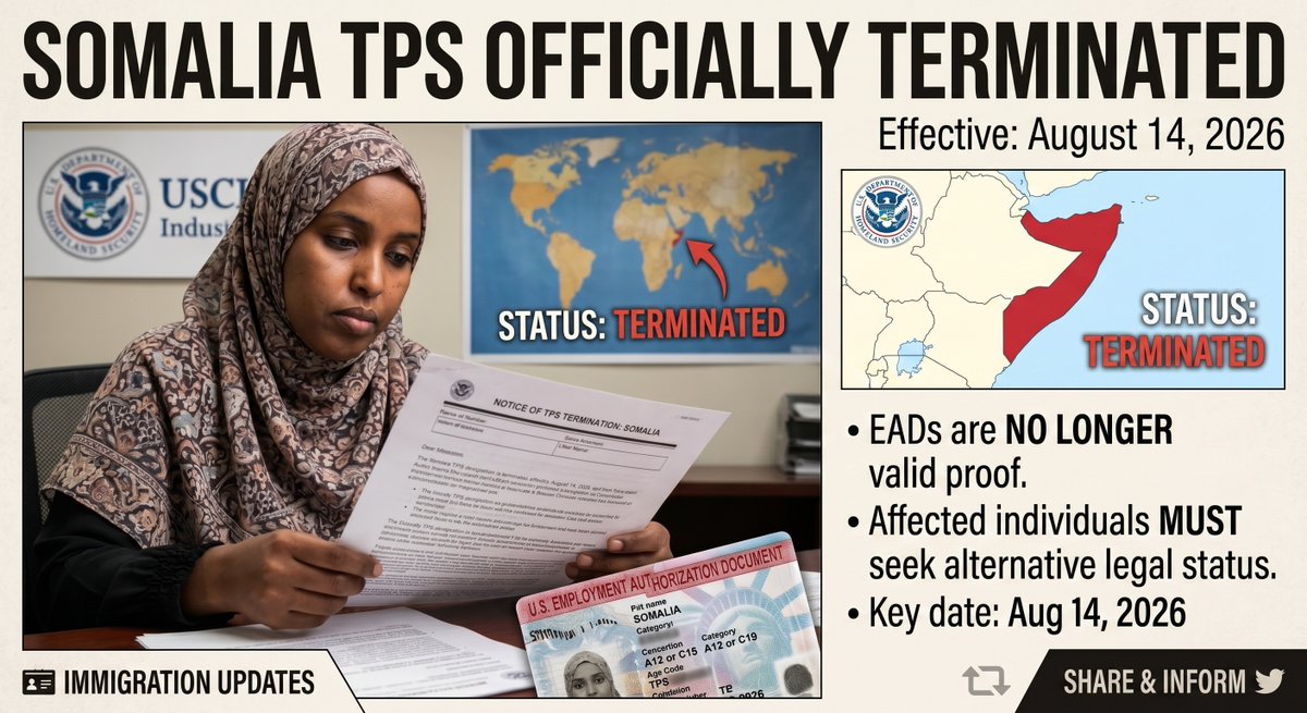 DiamondandSilk's tweet photo. 🚨 Important Immigration Update: Temporary Protected Status (TPS) for Somalia has officially ended as of August 14, 2026. Employment Authorization Documents (EADs) under this status are no longer valid. Affected individuals must seek alternative pathways. Please share to spread awareness!

#Somalia #TPS #ImmigrationNews #USCIS #ImmigrationLaw