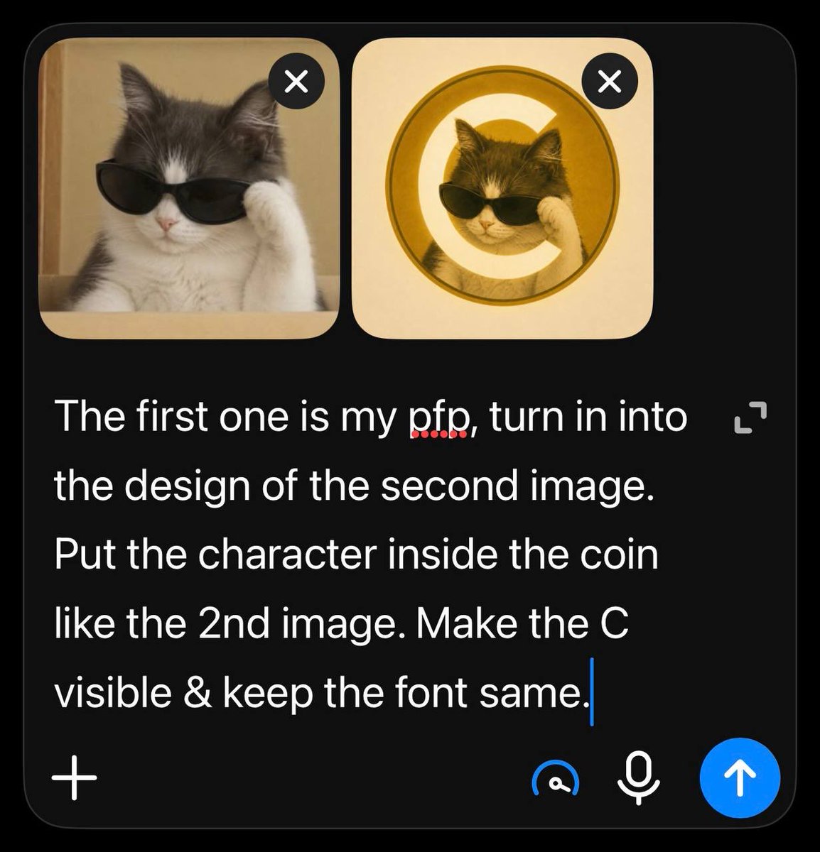 PoorGoat_'s tweet photo. TIME TO GET LOUD. EVERYONE CHANGE THEIR PFPS (waiting for x to verify my acct so I can update mine). 

Here’s the Prompt for your custom CATE pfp for ChatGpt, Claude, Gemini, xAi

“The first one is my pfp, turn it into the design of the second image.
Put the character inside the coin like the 2nd image. Make the C visible & keep the font same.”