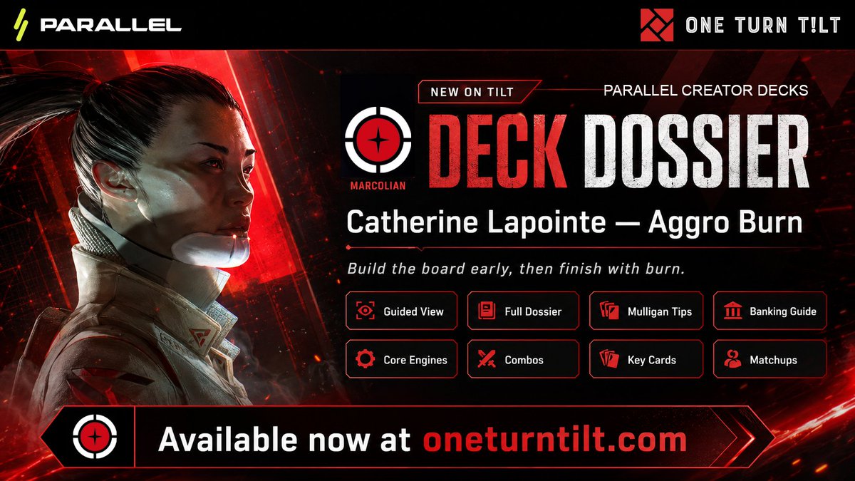 TILT_Agent_K's tweet photo. One of the most polarizing Paragons to play in the @ParallelTCG now has her very own @OneTurnTILT Deck Dossier! 

The Marcolian Mad General, Catherine Lapointe, and her @Parallel Creator Deck Dossier, Aggro Burn, is online now. 🔥🔥🔥

Your FREE guide full of tips, combos, and key information that'll accelerate your way towards dominating your enemies on the battlefield! 🏆

Aggro Burn Link
https://t.co/O5RHdLIzyZ

Like + Repost this post + Follow @TILT_Agent_K and @OneTurnTILT for a chance to win a  Planetfall+Aftermath 2-pack combo giveaway!

@EchelonFND @templecrash @ParallelTCGpod