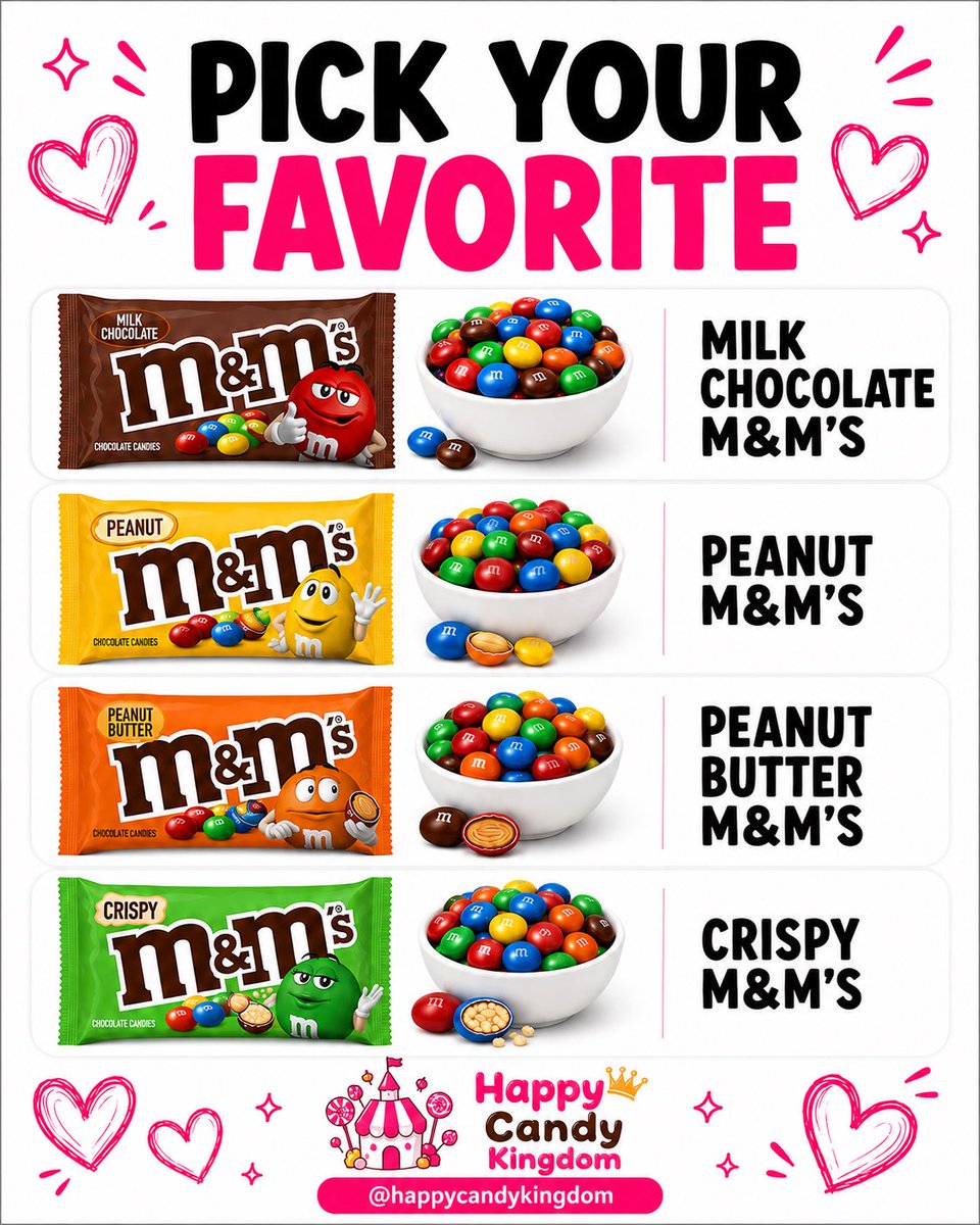 happycandyking's tweet photo. Which M&amp;M’s flavor wins your vote? 🍫🌈

Pick Your Favorite:
🤎 Milk Chocolate M&amp;M’s
🥜 Peanut M&amp;M’s
🧡 Peanut Butter M&amp;M’s
💚 Crispy M&amp;M’s

Comment your favorite below! 👇

If you could only keep one M&amp;M’s variety forever, which one are you choosing?

#Candy #CandyLover #MMs https://t.co/NTYhWTFIxQ