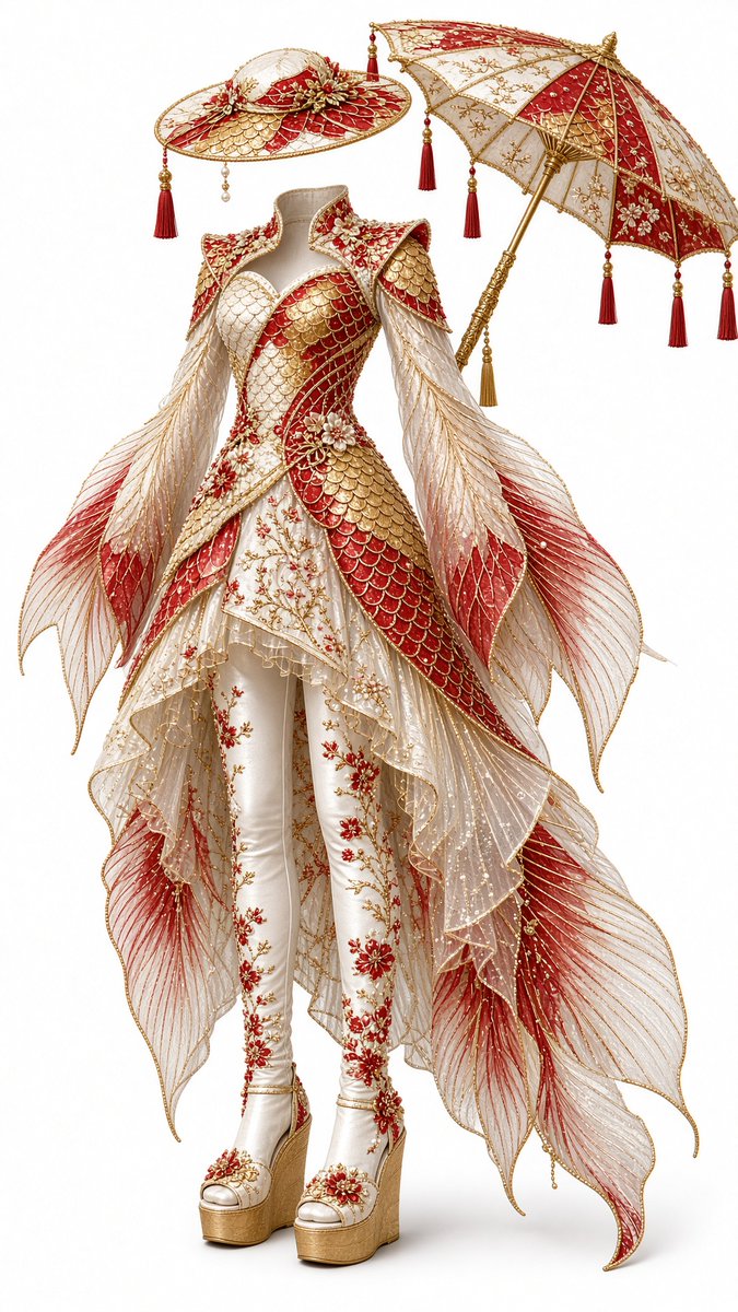 EtoileAniko's tweet photo. More V fashion for those who may be interested.
Koy Dream
"An image of a koy fish inspired knee length high-low hoop gown, bodus must have an a-symetrical a-line design with red, gold, and pearl white scales, long flowing sleeves with boned lining for fin-like appearance, with a queen anne styled neckline, patted smoothly down into layers of tulle that are shaped to resemble koy style fins, lower back trail must be boned to look like fins, silk pearl white leggings with red and gold sakura cherry blossom beaded embroidery, with matching platform wedged sandals, matching hat, and a matching decorative parasol, no head or hair, just the clothes, HD, HQ, defined edges, hyper detailed, realistic fabric textures."
Feel free to adjust or alter anything you want, and if you want share what you make.
How mine came out.