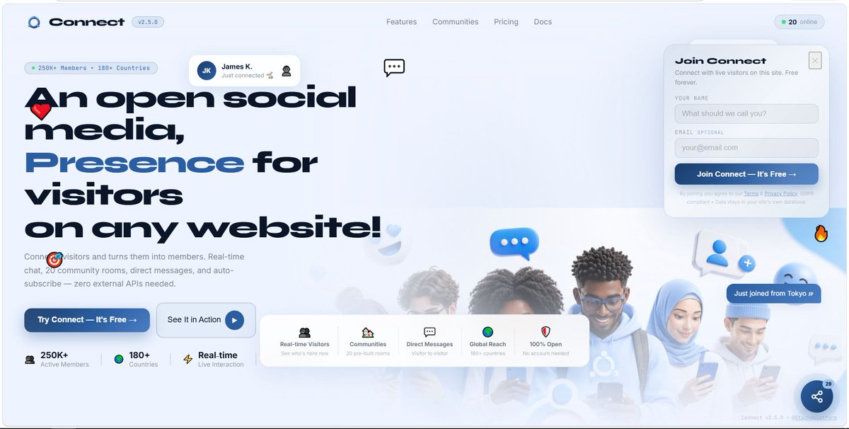 mudinoofficial's tweet photo. Most websites have a silent traffic problem: thousands of people visit every day, browse alone, and leave without a trace. You’re spending money to bring people to your site, but the experience remains a ghost town.

What if your website had its own built-in, real-time social layer?

That’s why I’ve been building Connect (v2.5.0).

Connect is an open social presence engine that transforms static web traffic into active, engaged communities right on your site. Instead of visitors reading passively and bouncing, Connect lets them see who else is online in real time, drop into pre-built community rooms, and send direct messages, instantly.

Here is what makes it a game-changer for site owners:

Instant Presence: Turns silent traffic into live, interactive visitor communities.

Built-in Engagement: 20 pre-built rooms, direct messaging, and live activity triggers out of the box.
Privacy & Control: 100% self-contained with zero external API dependencies. Your data stays in your own database.

We’re getting ready to demo this live to interested investors and early partners who want to see how we’re turning website visitors into long-term members.

If you’re an investor, creator, or platform owner interested in seeing the live build in action, send me a DM or drop a comment below. Let’s talk! 🚀
