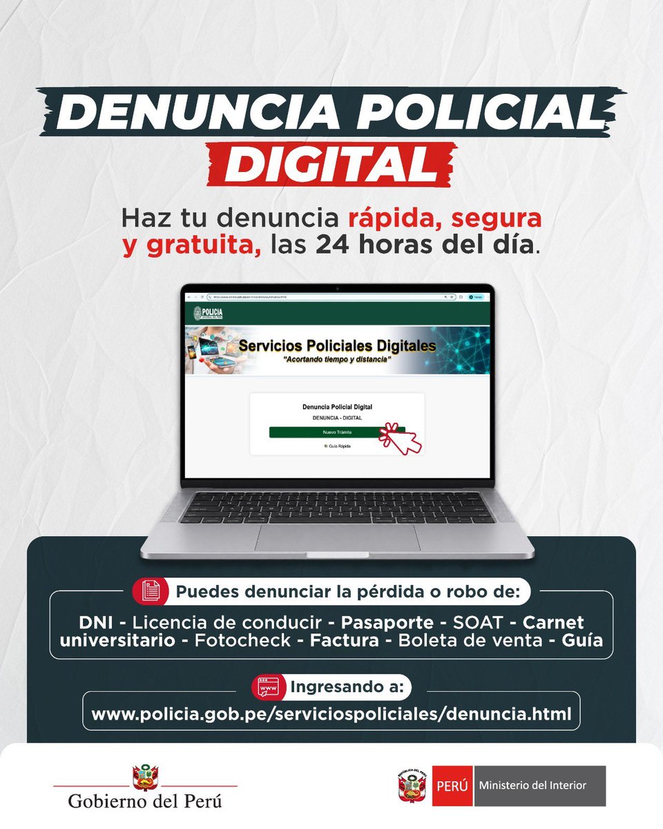 MininterPeru's tweet photo. ¿Necesitas realizar una denuncia por la pérdida o robo de un documento?

Hazlo de manera digital a través de la página web “Servicios Policiales Digitales” de la @PoliciaPeru. Realiza tu denuncia de manera rápida, segura y gratuita, las 24 horas del día.

👉 Ingresa a: https://t.co/E5IsYXVWct