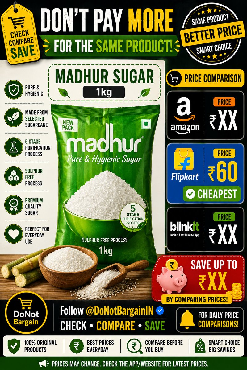 DoNotBargainIN's tweet photo. ❌ DON'T PAY MORE FOR THE SAME PRODUCT!
🍚 Madhur Sugar – 1kg
🛒 Amazon — ₹XX
🛒 Flipkart — ₹60
🛒 Blinkit — ₹XX
💰 SAVE UP TO ₹XX
📲 Follow @DoNotBargainIN
CHECK • COMPARE • SAVE https://t.co/o3QD8JWtWR