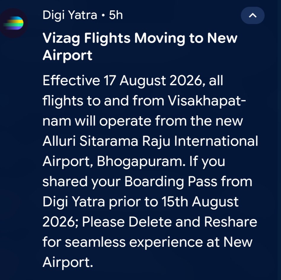 winnypatro's tweet photo. @DigiYatraOffice notification on shifting all flights to New Vizag Airport - Bhogapuram from 17 August 2026.

​This marks the beginning of an eastward shift for the Vizag city's centre.

While it stands as a monumental milestone for the City of Destiny, residents are already dreading the hours-long commute to the new airport. For those living in central or western Visakhapatnam, total door-to-door travel time to Hyderabad will now face stiff competition from the Vande Bharat Express.

@flyVizag
#Bhogapuram #Vizag #NewAirport