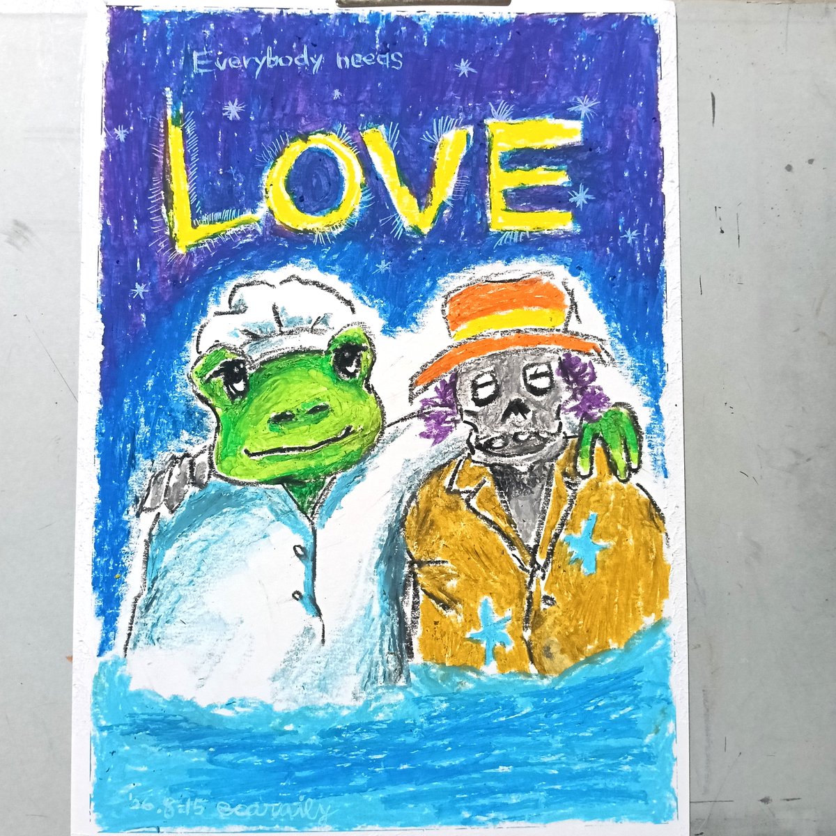 ecaraily's tweet photo. 今日のひと描き。クレヨン画。
love＆peace!!
#イラスト #クレヨン #カエル #愛と平和 https://t.co/XQrdODDKiY